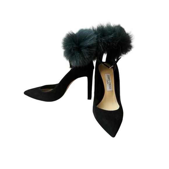 NEW Jimmy Choo Black Rosa 100 Fox Fur Pom-pom Suede D'orsay Ankle-strap Pumps 38 - Picture 8 of 8